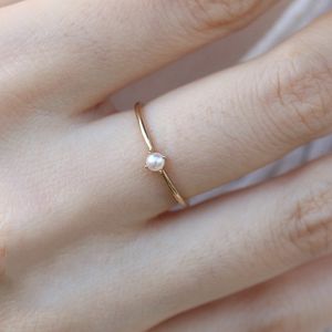 Ring For Women Delicate Mini Pearl Thin Rings Minimalist basic Style Light Yellow Gold Color Fashion Jewelry KBR010