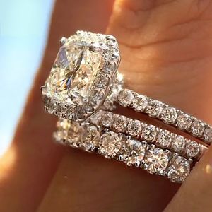 Ring Handgemaakt Elegante trouwringen Luxe sieraden 925 sterling zilver Prinses geslepen Wit 5A Kubieke CZ Diamant Edelstenen Feest 3 stuks Dames Bruids Geschenk