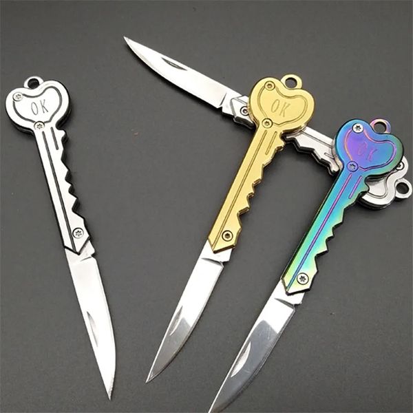 Anillo llavero Mini cuchillo con forma de llave hoja caja paquete plegable bolsillo Multi-herramienta carta apertura Gadget Kit campamento al aire libre 100 Uds