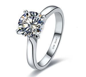 Bague Solitaire Bague Solide 18K Or Blanc AU750 2CT Diamant Rond Femmes Mariage Fiançailles Anniversaire Cadeau Pour Fille 221119