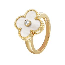 Anillo Van-Clef Arpes Diseñador Moda de lujo Mujer Oro Edición alta 18k Lucky Four Leaf Grass Series Anillo Mujer Ágata de diamante completo Anillo de concha blanca natural