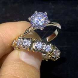 anillo Anillos de boda Clásico Seis Garras Joyería de moda simple 925 Plata de ley Relleno de oro Corte redondo Moissanite Diamante Eternidad Mujeres Anillo de pareja nupcial