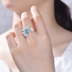 Bague femme bleu mer ciel bleu cristal zircon diamant fleur ouverture or blanc bague copines cadeau d'anniversaire réglable