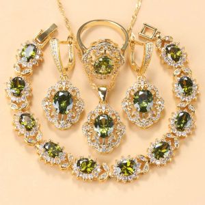 Rings 10colors kubieke zirkonia vrouwen accessoires Gold vergulde olijfgroen zirkonia bedelarmband en ringjuwelen sets