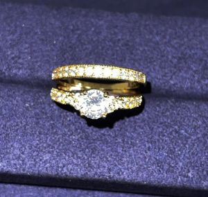 Anneaux 14k jaune or 2 carat diamant anneau ensemble pour les femmes, bijoux de fiançailles de luxe, 925 Band de mariage en argent avec CZ Gemstone
