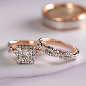 Rings 18K Rose Gold Princess Real Diamond Ring For Women Anillos Mujer Bizuteria Gemstone Femme Loves sieraden Set Rose Gold Rings