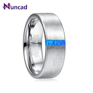 Ringen 2019 Nuncad 8 mm breedte herenring trouwring verlovingsring ingelegd blauw opaal oppervlak geborsteld wolfraamcarbide ring