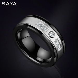 Rings 2021 Men Rings, 8 mm breedte zwarte keramische ringen voor mannen sieraden trouwring inleg glanzende cz stenen, gratis verzending, gravure