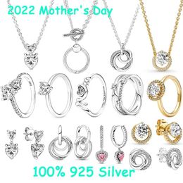 Anillos 2022 Nuevo 100% 925 Plata de alta calidad Pendientes de aro de corazón con halo brillante Conjunto de collar y anillo DIY Joyería para el día de la madre Fabricación de regalos