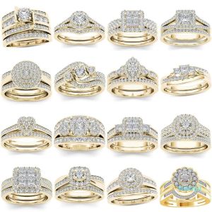 Rings 2022 Nieuwe mode Wedding Rings 2pcs Bridal Set Elegant Crystal Engagement Ring Luxe Gold Color Round Hart Zirkoon voor vrouwen Boho