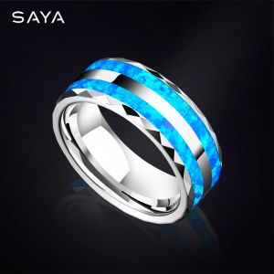 Rings 2022 Tungsten Ring voor bruiloft inleg twee pc's blauw opaal 8mm breedte gepersonaliseerde sieraden voor vrouwelijke mannen, gratis verzending, gravure