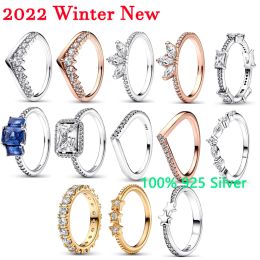 Anneaux 2022 Hiver New 925 Silver High Quality Original Logo 1: 1 Blue Rectangle Three Stone Glitter Rings Women Jewelry Gift Fashion