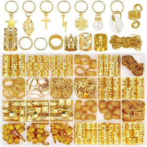 Ringen 257pcs Gouden Kleur Haarringen Parel Sets En Gouden koord Dreadlocks Kralen voor Haaraccessoires en Haarsieraden