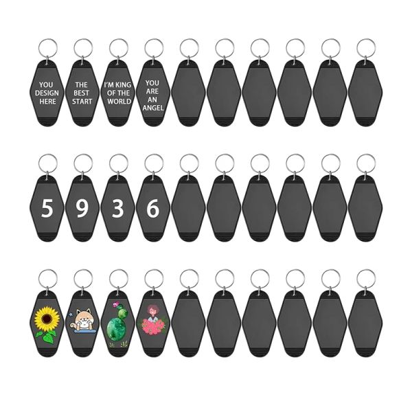 Anneaux 30 Pack Motel Keychain Blank Vintage Key Tag étiquette d'étiquette vintage Hôtel Keychain Sublimation Decorative, noir