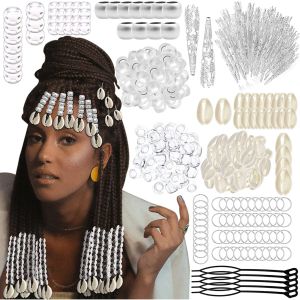 Anneaux 455 pièces couleur argent métal anneau de cheveux Lucency perles de cheveux et coquille Dreadlock perles Clips cheveux bijoux pour tresses