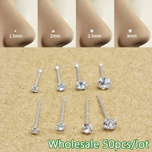 Anneaux 50 pcs/lot nez broche Piercing 925 argent Sterling 1.5mm 2mm 2.5mm 3mm rond cristal clair nez goujons anneaux Nariz Piercing bijoux