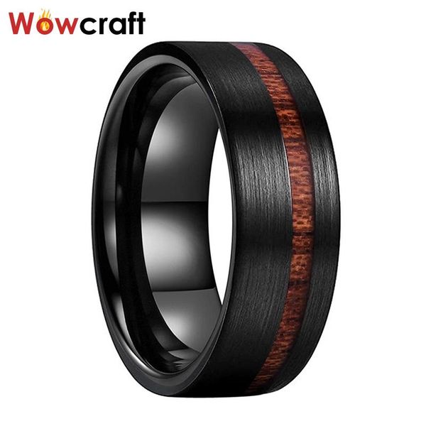 Anillos Alianzas de boda con incrustaciones de madera de koa negra de 8 mm Anillos de compromiso de carburo de tungsteno Corte de pepita Acabado cepillado Madera compensada Ajuste cómodo