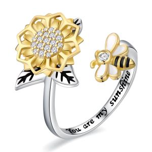 Ringen 925 Sterling Zilver Verstelbare Spinner Fidget Angst Zonnebloem Bumble Bee Ring Honingbij Sieraden Verjaardagscadeaus voor vrouwen meisjes