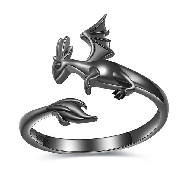 Anneaux 925 argent Sterling Animal noir Dragon anneaux ouvert réglable Wrap pouce dinosaure anneau bijoux cadeaux de fête des mères pour fille femmes