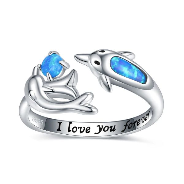 Anillos de plata de ley 925 con ópalo azul y delfines, ajustable, abierto, madre, hija, naturaleza, océano, mar, joyería, regalos para mujeres y niñas