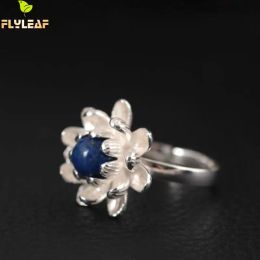 Anneaux 925 Sterling Silver Lapis Lazuli Lotus Flower Open Rings for Women Fashion Fashion Style Lady Freshwater Pearls bijoux