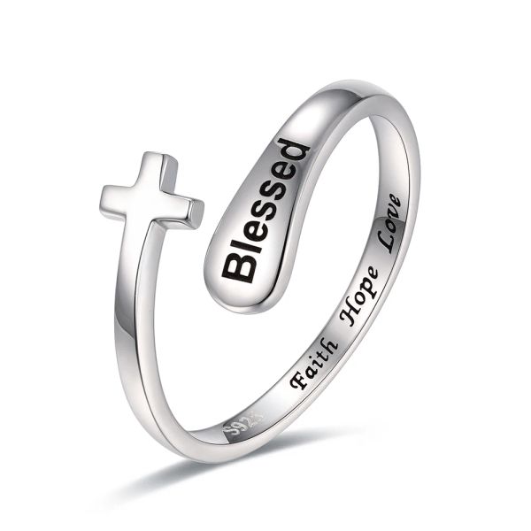 Anillos de plata de ley 925, anillos simples ajustables con cruz para pulgar, joyería cristiana bendita, anillo de esperanza, amor, fe para adolescentes, niñas, mujeres y hombres