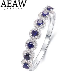 Rings Aeaw 10K White Gold Lab Sapphire 0.21ct Moissanite 0,15ct Ring voor vrouwen Handgemaakte verloving Bruid Jubileum Gift Fine Jewelry