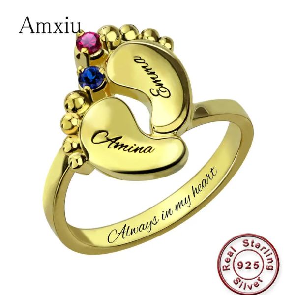 Anneaux AMXIU 100% 925 STRILL SIRGE Baby Feet Rings For Women Mother Gifts Special Custom Custom Noms With Birthstones Ring Accessoires