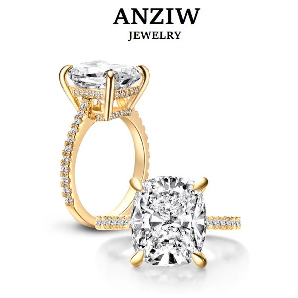 Anillos Anziw Sterling Sier 6ct Anillo de corte cojín 4 puntas Sona Anillos de compromiso de diamantes simulados Mujeres Joyería de boda de piedra grande