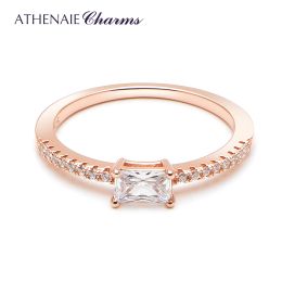 Anillos Athenaie 925 Sterling Silver Cz Square Square Halo Halo Rings Oro de color rosa para mujeres Ring de dedos apilables para mujeres