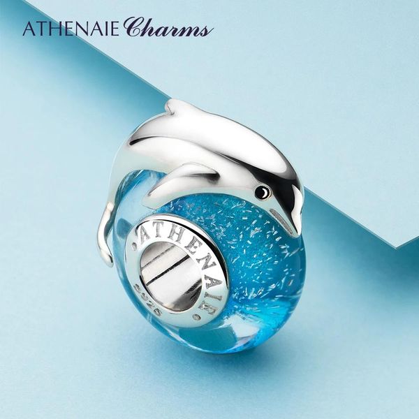 Anneaux Athenaie Ludique Dauphin Charms Fit Bracelet Colliers Sterling Sier Italien Murano Verre Charme Perle pour Femmes Bijoux