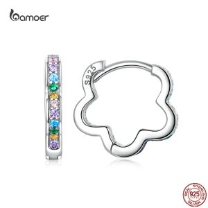 Rings bamoer 100% reëel 925 sterling zilveren onregelmatige bloem oorgesplingen regenboog kleur zirkoon oorbellen voor vrouwen S925 fijne sieraden