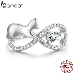 Anneaux Bamoer 925 STERLING Silver mignon d'anneau de chat mignon Sparkle Zircon Symbole infini anneau de doigt plaqué Platine pour femmes fête des bijoux