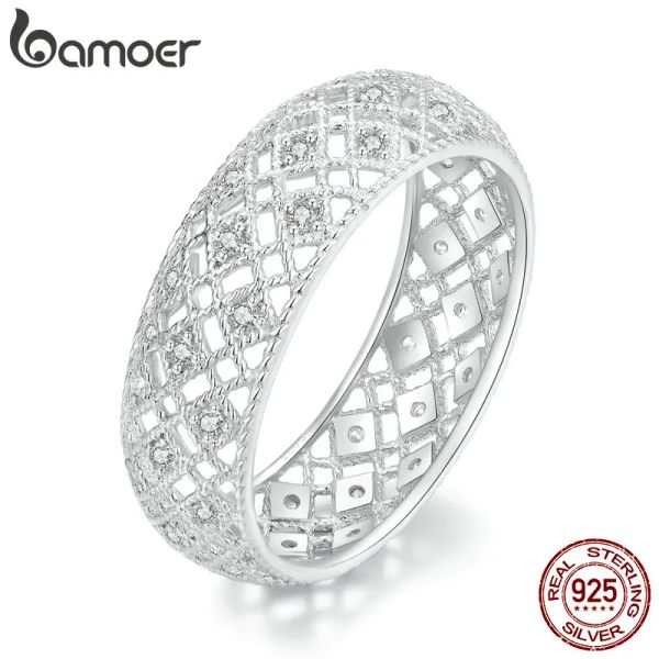 Anillos BAMOER 925 Diseño original de plata original Patrón hueco de los dedos anchos Pave CZ para mujeres Joyas exquisitas BSR333