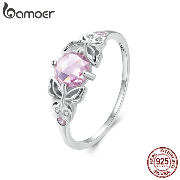 Anneaux Bamoer 925 STERLING Silver Pink Stone Hollowout Butterfly Ring Pave Setting CZ pour les femmes d'anniversaire Gift Fine Bijoux