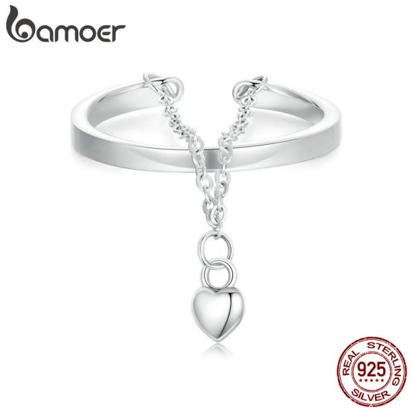 Anillos BAMOER Anillo de plata de ley 925 apilable con cadena de corazón de doble capa para mujer, anillo ajustable de boda para mamá, hermana, esposa, amigas