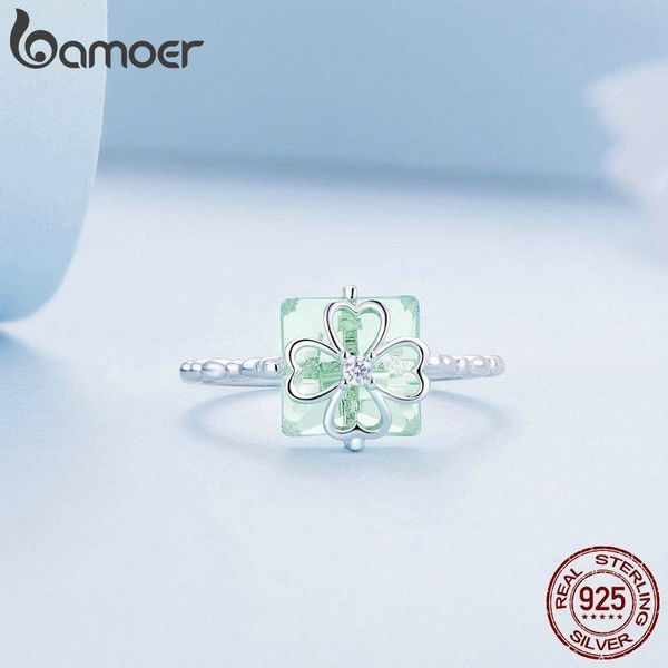 Anneaux Bamoer Sterling Sier vert clair trèfle à quatre feuilles bague délicate femmes anneaux platine plaqué bijoux fins Bsr339