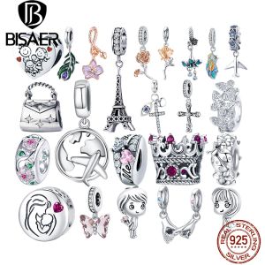 Anneaux Bisaer Sterling Sier Avion Pendentif Garçon Fille Famille Tour Eiffel Charm Sac Coeur Perle Fit Bracelet Bricolage Bijoux Cadeau