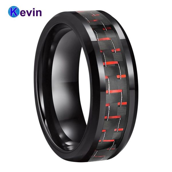 Anillos Alianza de boda negra Anillo de tungsteno para hombre y mujer con incrustaciones de fibra de carbono negro + rojo Ajuste cómodo de 8 mm