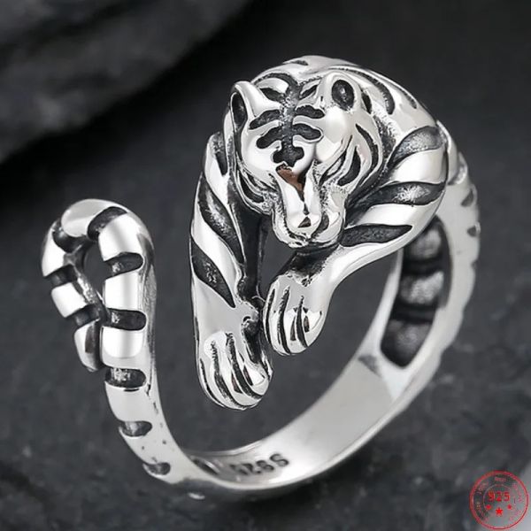 Anillos BOCAI S925 anillos de plata esterlina nueva moda año chino del tigre ajustable sólido Argentum vikingo joyería punk para hombres y mujeres