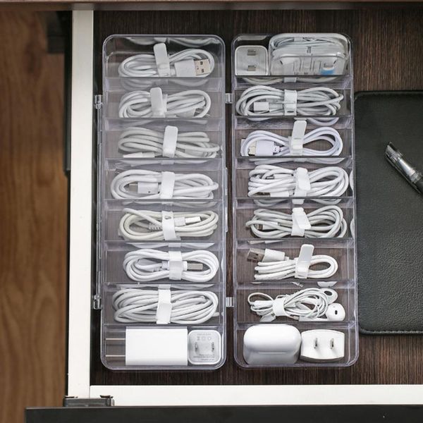 Caja de almacenamiento de cables para anillos, contenedor de almacenamiento para cables de datos de plástico transparente para escritorio, papelería, organizador de maquillaje, llaves y joyero