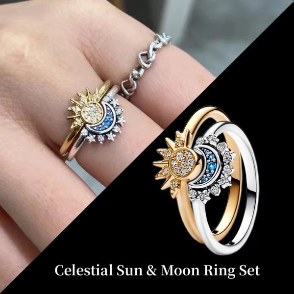 Anillos Celestial Sun Moon Ring Set 925 joyería de plata esterlina Real certificado Original joyería fina para mujer aros regalo envío gratis