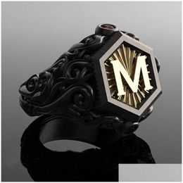 Ringen Klassieke Retro Zwarte Mannen Goudvulling Carving M Letter Signet Steampunk Voor Birhday Gift Party Gothic Sieraden Drop Delivery Ring Dhy85