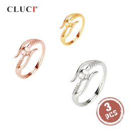 Anillos CLUCI 3 uds anillo ajustable de plata 925 anillos de circón para mujer Plata de Ley 925 Color oro rosa anillo abierto joyería de mujer SR2068SB