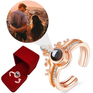 Ringen Aangepaste Fotoprojectie Trouwring met Geschenkdoos voor Vrouwen Minnaar Paar Ik Hou Van Je Gepersonaliseerde Diy Foto Memorial Sieraden