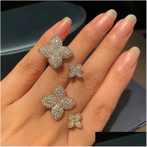 Anillos Cute Flower Gold Sier Color ajustable con piedra bling Ziron para mujeres Moda de compromiso 925 Drop de joyería de la esterlina Dhtsm