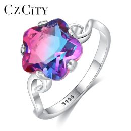 Anneaux Czcity 925 Sterling Silver Flower Topaz Topaz Gemstone Ring pour les femmes Bijoux d'anniversaire de mariage classique de luxe à la mode
