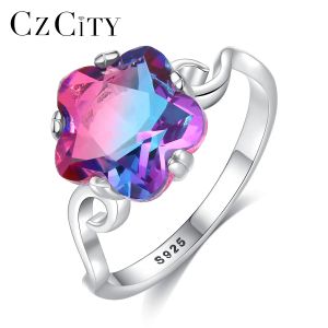 Rings czcity 925 Sterling zilveren bloem kleurrijke topaz edelsteen ring voor dames trendy luxe feest klassieke huwelijksverjaardag sieraden