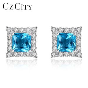 Anillos Czcity Elegante 925 Pendientes de tachuelas de zafiro de plata esterlina de plata para mujeres Pendientes de piedras preciosas envolventes CZ Regalo de joyería