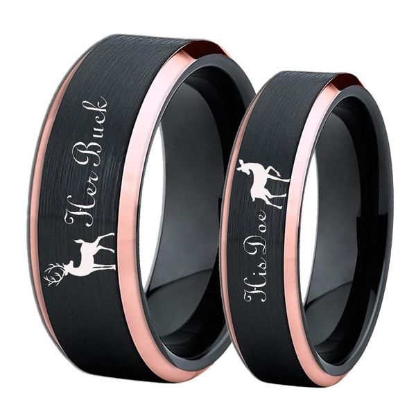 Anneaux Deer Family Tungsten Ring Elk Design Her Buck His Doe Wedding Band Ring Noir avec Rose Doré Personnalisé Gravé Personnalisé